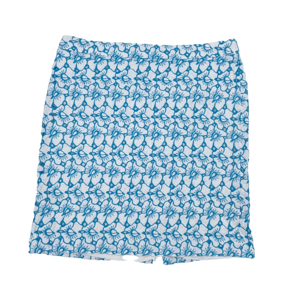 Talbots 100% Linen Blue & White Floral Embroidered Eyelet Pencil Skirt Size 12P